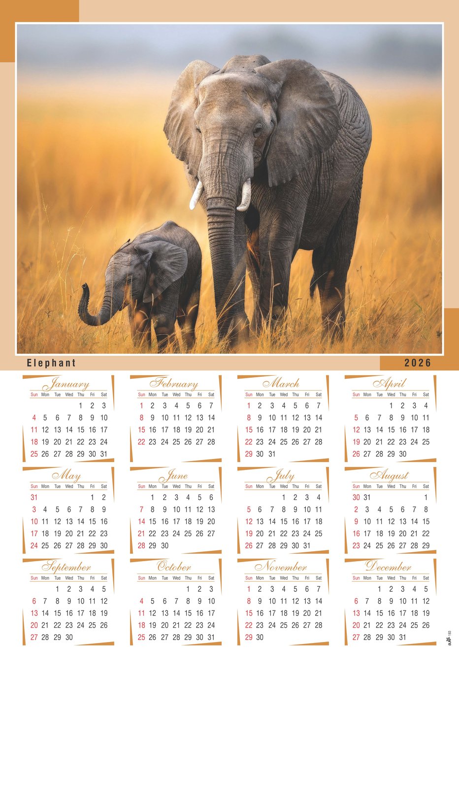 Safari Animals - Elephant Wall Calendar