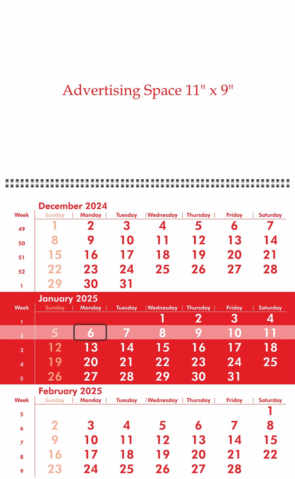Wire-O wall calendar — shipping calendar format