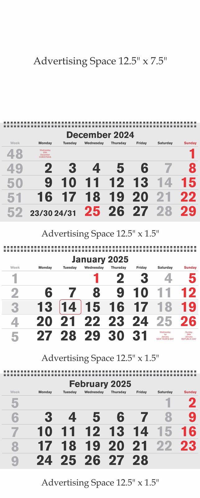 Wall Shipping Calendar — 13.5 x 32 inch four-sheet format for industrial and logistics use