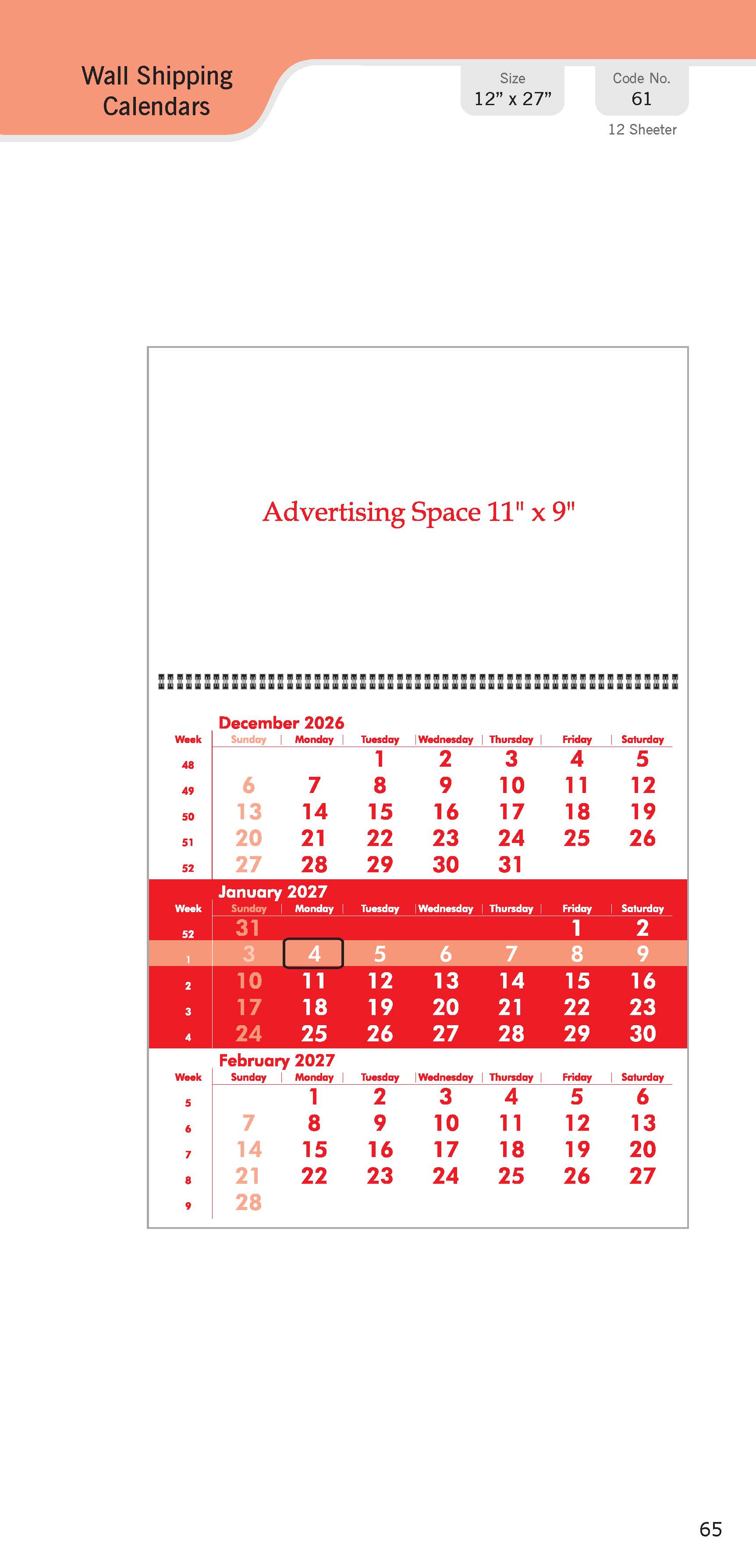 Wire-O wall calendar — shipping calendar format
