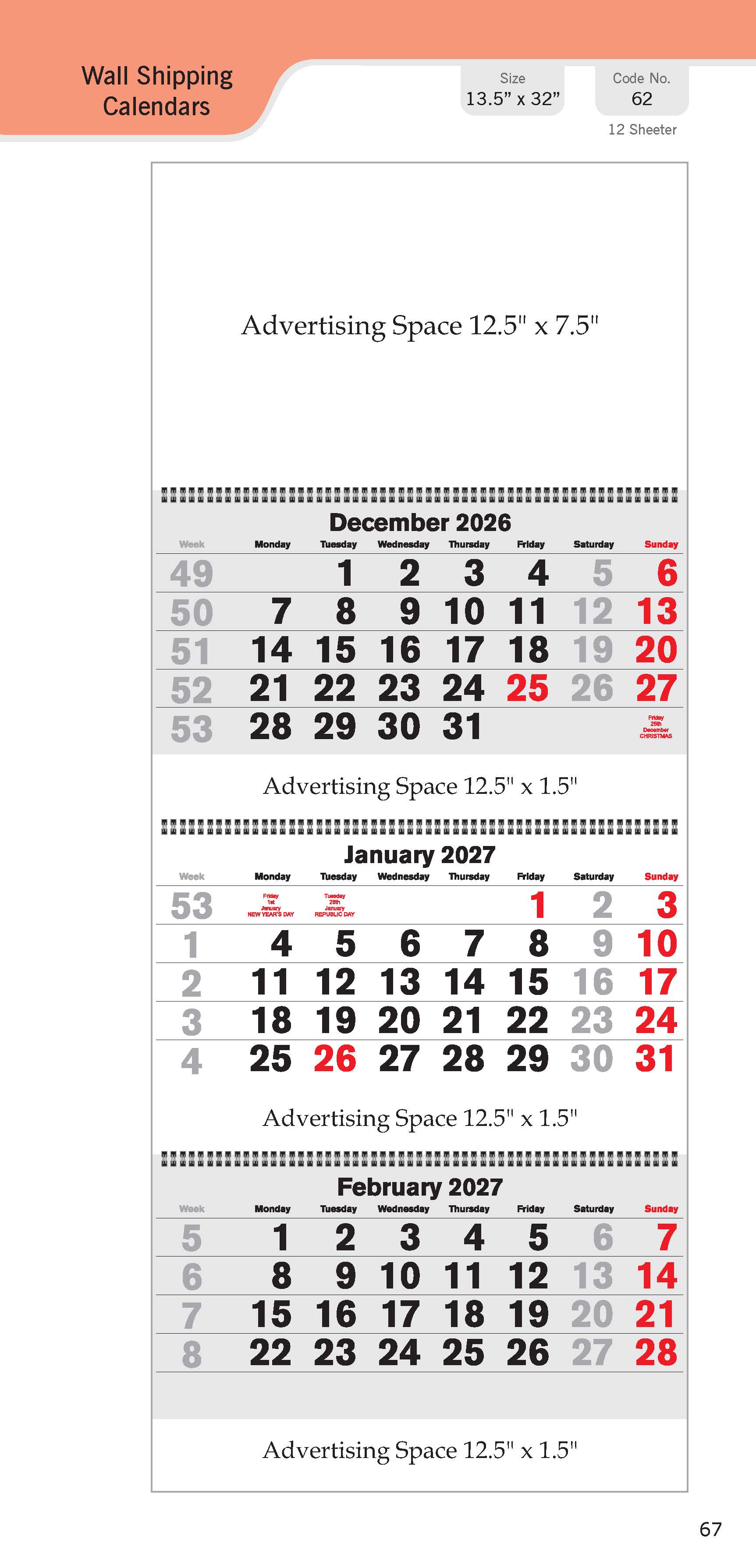 Wall Shipping Calendar — 13.5 x 32 inch four-sheet format for industrial and logistics use